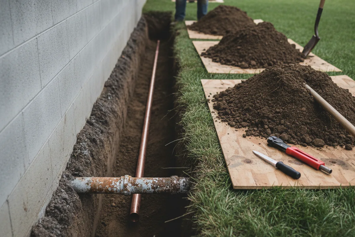 Excavated water line trench during Water Softener Installation in Art